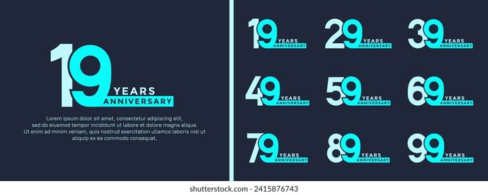 conjunto de estilos de logo de aniversario color azul sobre fondo oscuro para un momento especial