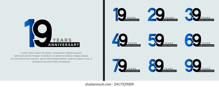 conjunto de estilos de logo de aniversario color azul y negro sobre fondo blanco para un momento especial