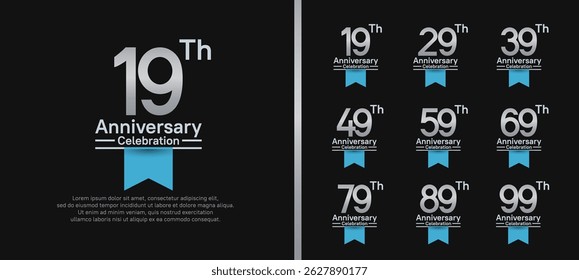 set of anniversary logo style with blue ribbon. vector design silver color for celebration