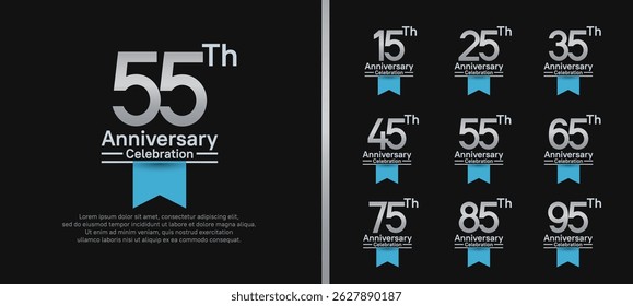 set of anniversary logo style with blue ribbon. vector design silver color for celebration