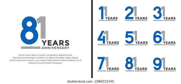 set of anniversary logo style flat blue and grey color for celebration