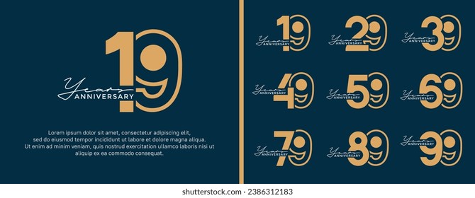 conjunto de logo de aniversario estilo color de oro plano sobre fondo azul para celebración