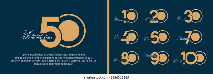 set of anniversary logo style flat golden color on blue background for celebration svg