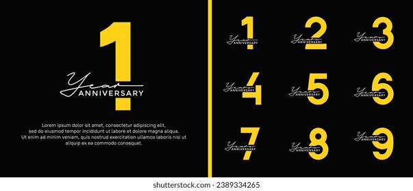 set of anniversary logo style flat white and yellow on black background for celebration
