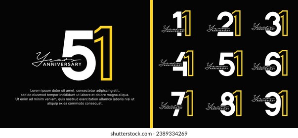 set of anniversary logo style flat white and yellow on black background for celebration
