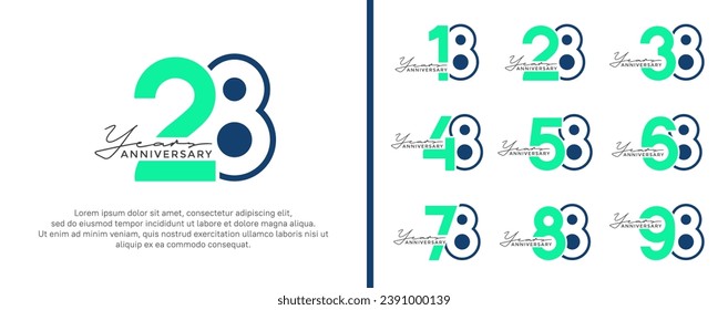 set of anniversary logo style flat blue and green on white background for celebration