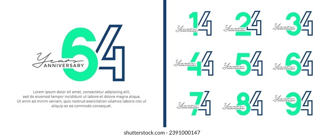 set of anniversary logo style flat blue and green on white background for celebration