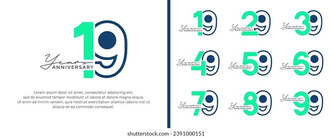 set of anniversary logo style flat blue and green on white background for celebration