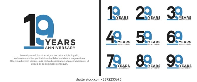 conjunto de logo de aniversario estilo negro plano y azul para celebración