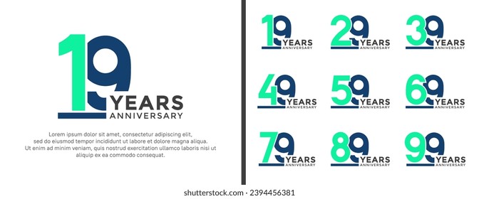 conjunto de logo de aniversario estilo verde plano y color azul para celebración