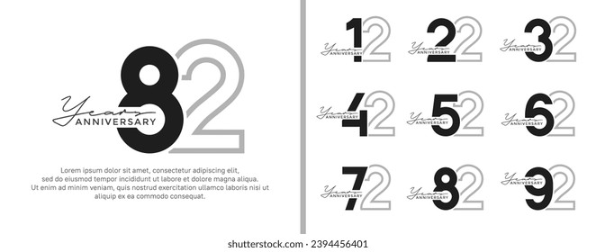 conjunto de logo de aniversario estilo negro plano en color gris para celebración