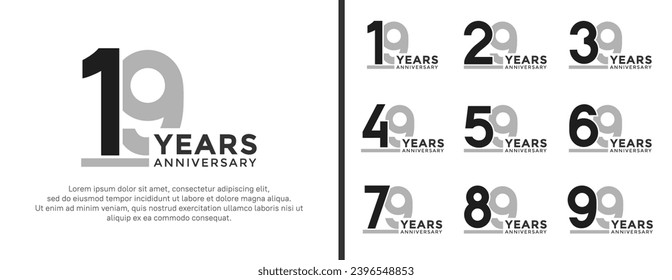 conjunto de logo de aniversario estilo negro plano y color gris para celebración