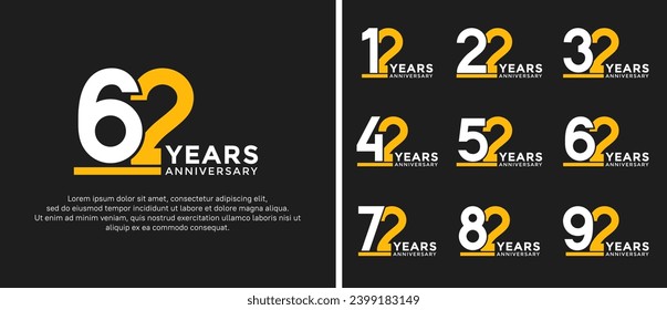 set of anniversary logo style flat white and yellow color for celebration
