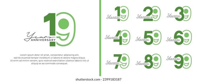 conjunto de logo de aniversario estilo color verde plano sobre fondo blanco para celebración