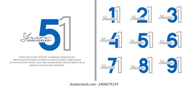 set of anniversary logo style flat blue and grey color for celebration