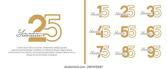 conjunto de logo de aniversario estilo color de oro plano sobre fondo blanco para celebración