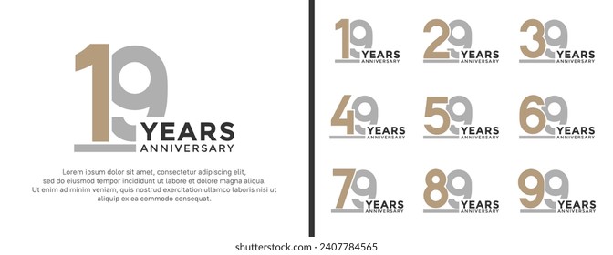 conjunto de logo de aniversario estilo oro plano y color gris sobre fondo blanco para celebración