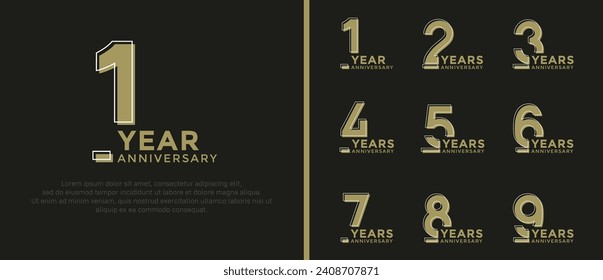 conjunto de logo de aniversario estilo color de oro plano sobre fondo negro para celebración