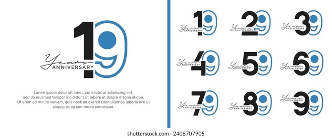 conjunto de logo de aniversario estilo negro plano y azul para celebración