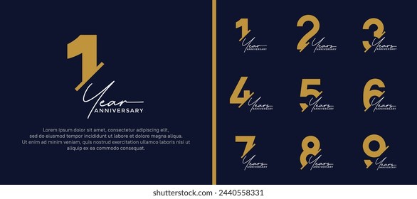 set of anniversary logo style gold and white color on blue background for special moment