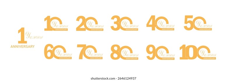 set of anniversary logo style gold color on white background for special moment. Anniversary Vector Logo Pack from 10 to 100 Years.
