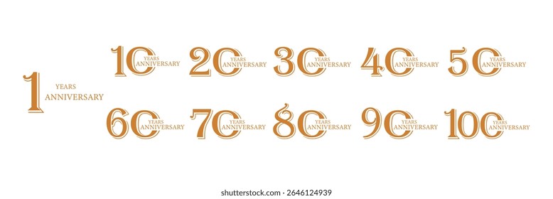 set of anniversary logo style gold color on white background for special moment. Anniversary Vector Logo Pack from 10 to 100 Years.
