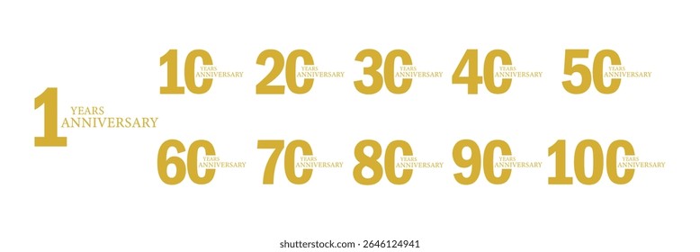 set of anniversary logo style gold color on white background for special moment. Anniversary Vector Logo Pack from 10 to 100 Years.
