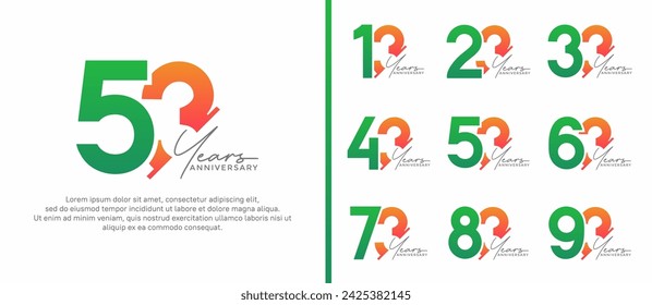 conjunto de estilo de logotipo de aniversario color verde y naranja sobre fondo blanco para un momento especial