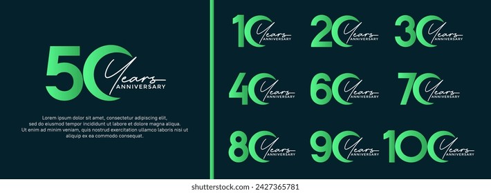 conjunto de estilo de logotipo de aniversario color verde sobre fondo oscuro para un momento especial