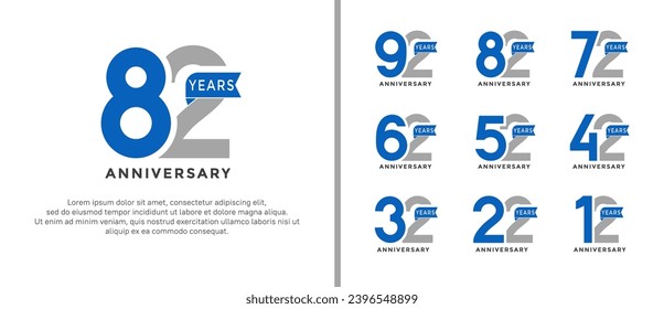 conjunto de estilos de logotipo de aniversario color gris y azul sobre fondo blanco para un momento especial