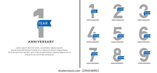 conjunto de estilos de logotipo de aniversario color gris y azul sobre fondo blanco para un momento especial