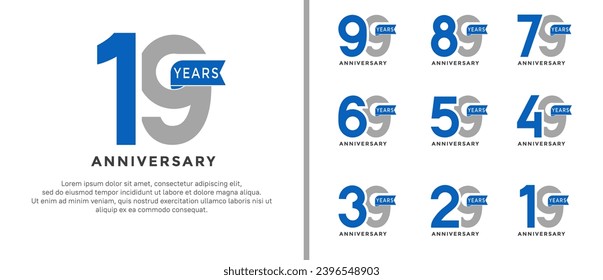 conjunto de estilos de logotipo de aniversario color gris y azul sobre fondo blanco para un momento especial
