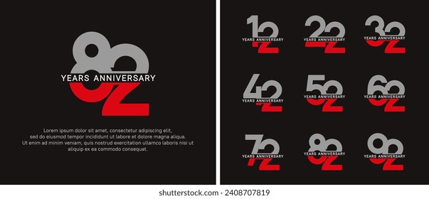 set of anniversary logo style grey and red color on black background for celebration