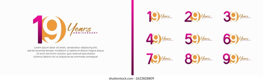 set of anniversary logo style with handwriting. vector design orange and purple color for celebration