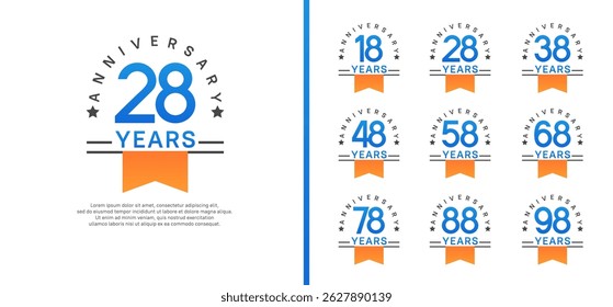 set of anniversary logo style with orange ribbon. vector design blue color for celebration