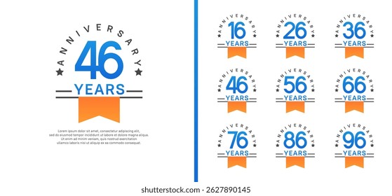 set of anniversary logo style with orange ribbon. vector design blue color for celebration