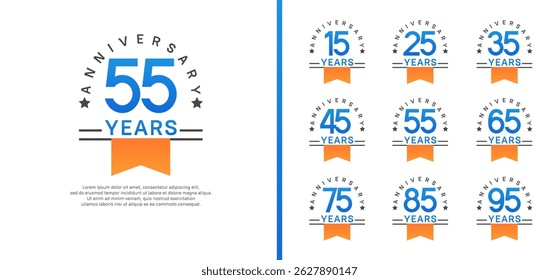 set of anniversary logo style with orange ribbon. vector design blue color for celebration