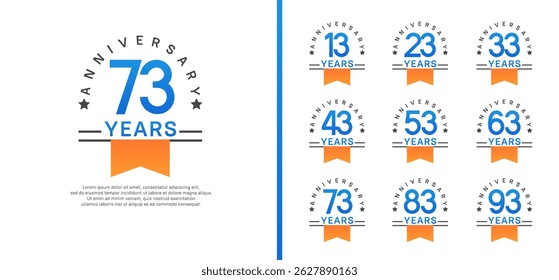 set of anniversary logo style with orange ribbon. vector design blue color for celebration