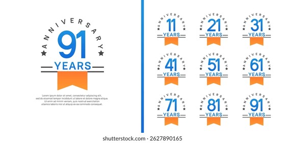 conjunto de estilo logotipo de aniversário com fita laranja. vetor design cor azul para celebração