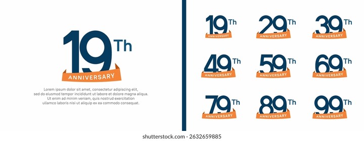 set of anniversary logo style orange ribbon. vector design blue color for celebration