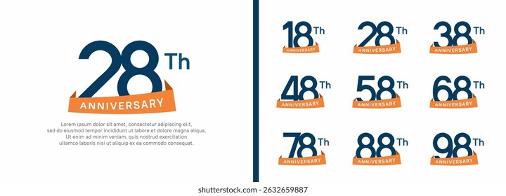 set of anniversary logo style orange ribbon. vector design blue color for celebration