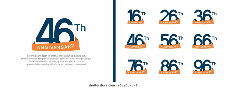set of anniversary logo style orange ribbon. vector design blue color for celebration