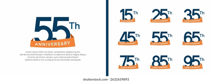 set of anniversary logo style orange ribbon. vector design blue color for celebration