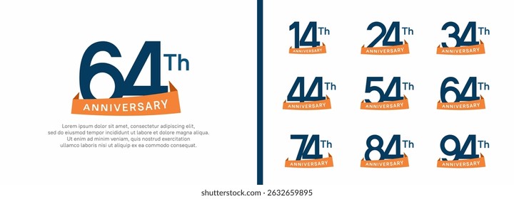 set of anniversary logo style orange ribbon. vector design blue color for celebration