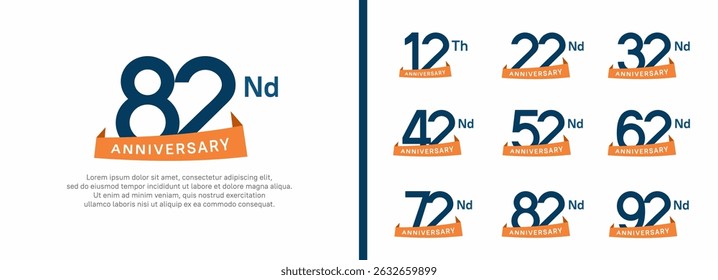 set of anniversary logo style orange ribbon. vector design blue color for celebration