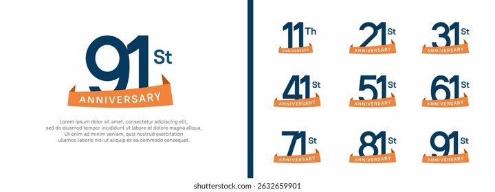 conjunto de aniversário logotipo estilo fita laranja. vetor design cor azul para celebração