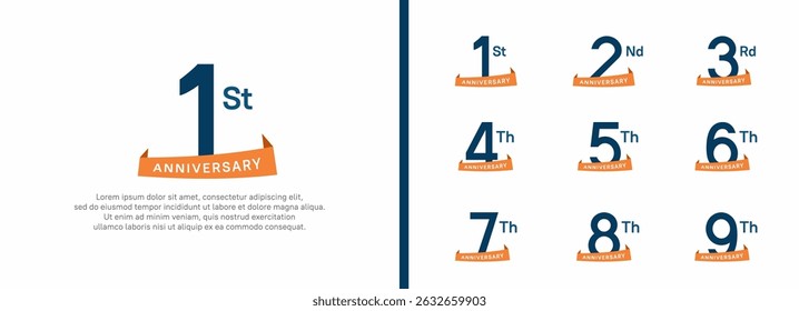 set of anniversary logo style orange ribbon. vector design blue color for celebration