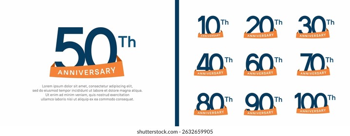 set of anniversary logo style orange ribbon. vector design blue color for celebration