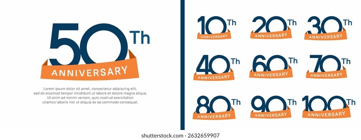 set of anniversary logo style orange ribbon. vector design blue color for celebration