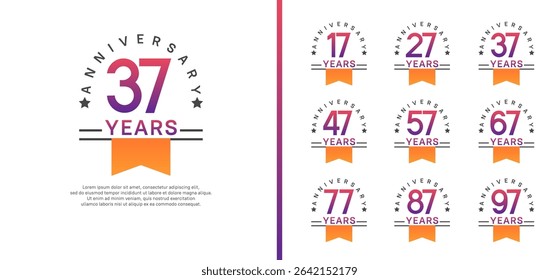 set of anniversary logo style with orange ribbon. vector design purple color for celebration